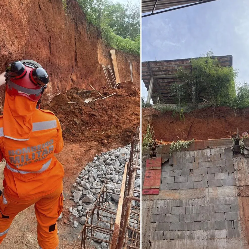 Dois trabalhadores ficam feridos em deslizamento de terra em área urbana de Governador Valadares — Foto: Corpo de Bombeiros
